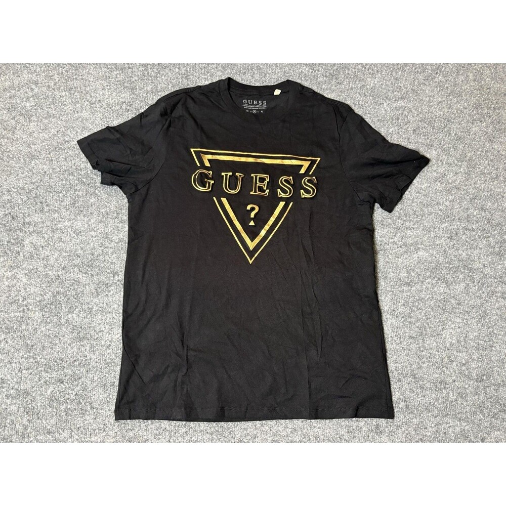 GUESS Shirt Mens M Black Crew Neck Tagless Cotton Logo Graphic Tee Casual